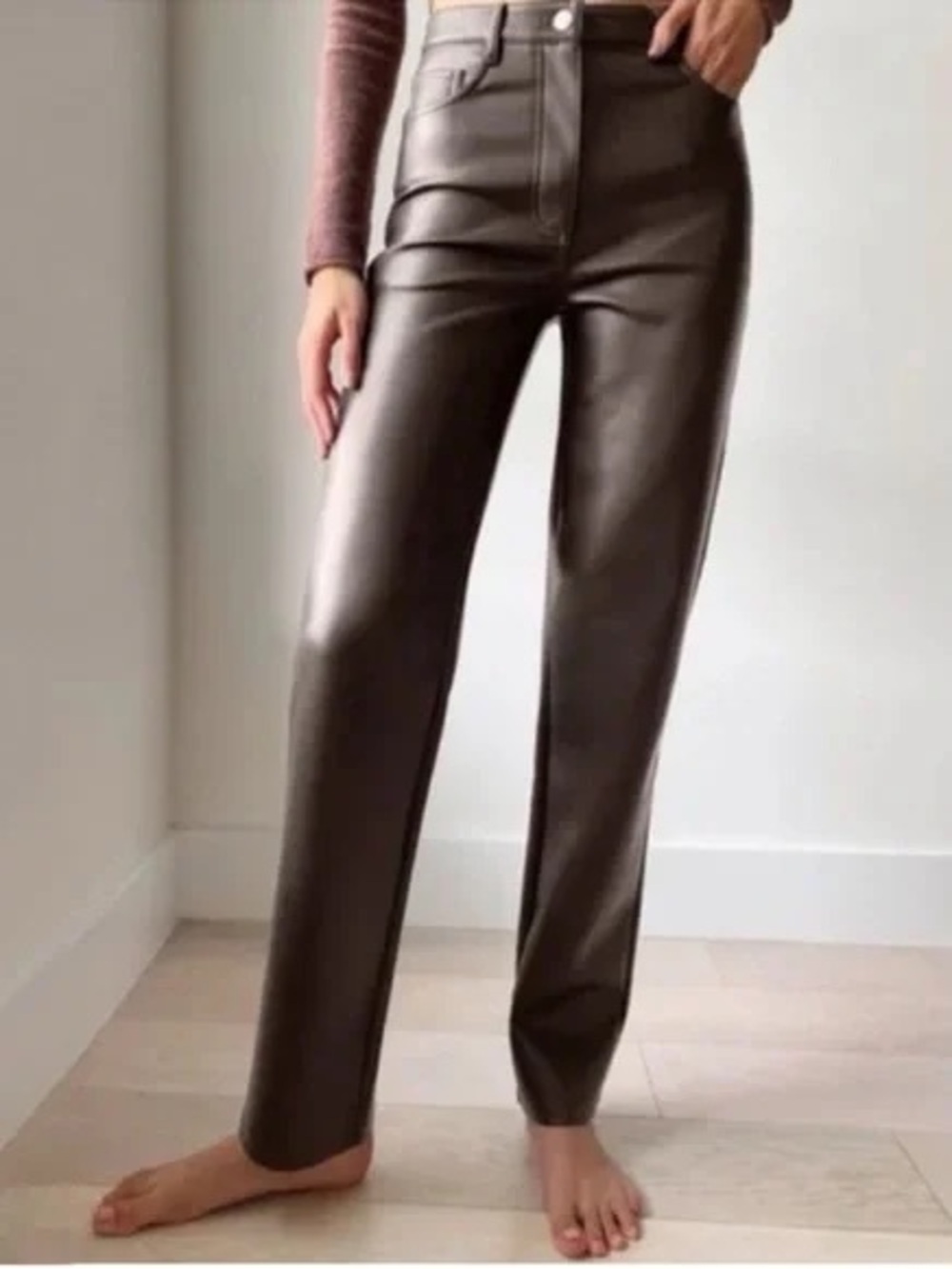 Aritzia Wilfred High-Rise Faux Leather Straight Leg Pants - Brown size 2